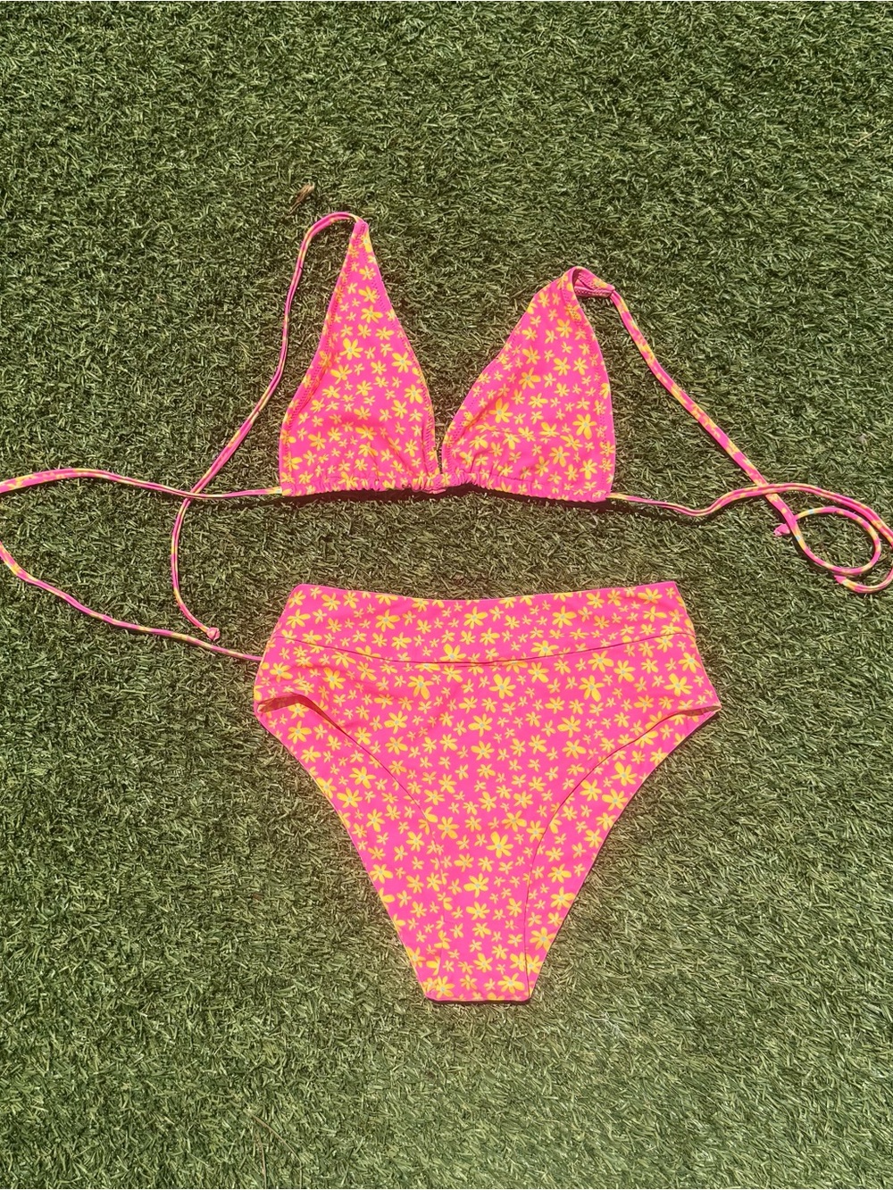 Kulani Kinis Pink and Yellow Floral High-Waist Bikini